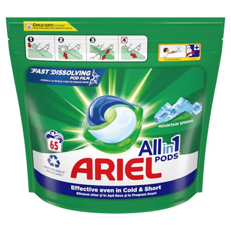 Detergent de rufe capsule Ariel All in One PODS Mountain Spring, 65 spalari